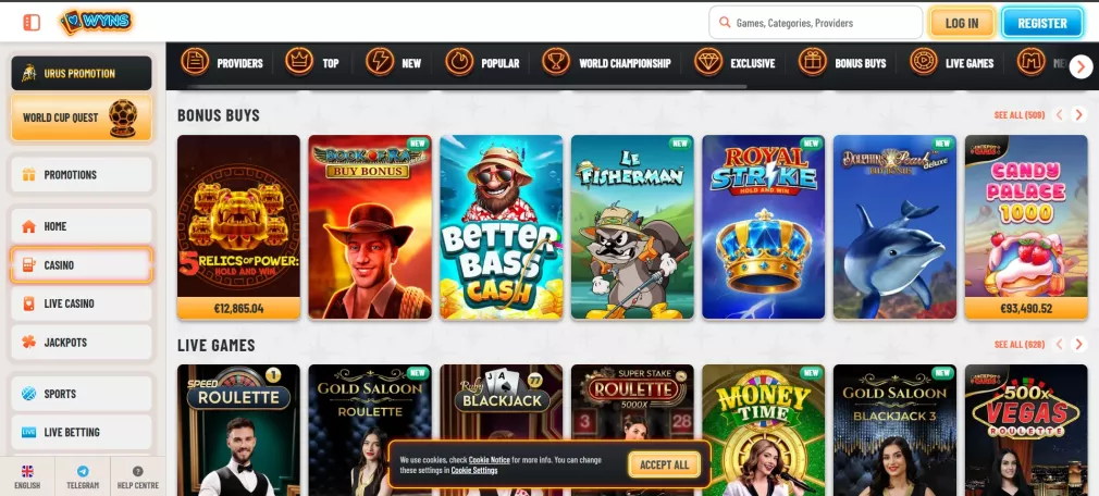 Wyns Casino Bonus 500 Euro und Freispiele